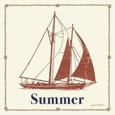 a sailboat with the word summer on it's front and back side in red ink