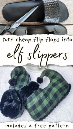 a pair of slippers sitting on top of a towel next to a pair of scissors