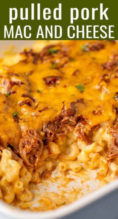 pulled pork mac and cheese casserole in a white dish with text overlay