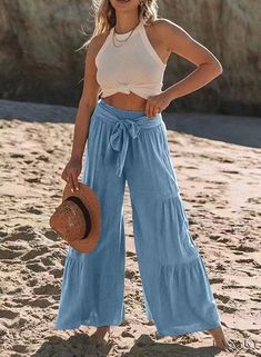 Lasaky - Chic Casual High-Waisted Wide-Leg Pants Flared Palazzo, Trendy Pants, Loose Trousers, High Waist Fashion, Beach Pants, Linen Style, Shopping Ideas, Pantalon Large, Loose Pants