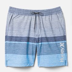 Brand New With Tags Hurley Men’s Epic Ombre Volley Swim Shorts Electric Teal Sits Above The Knee 4-Way Stretch Reflective Logo Back Pocket, Side Pockets Comfort Liner Beach Volleyball Court, Volleyball Court, Ombre Print, Beach Volleyball, Man Swimming, Above The Knee, Swim Shorts, Water Repellent