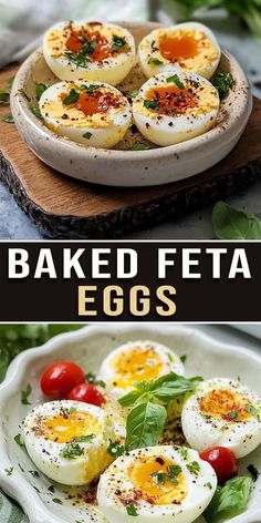 baked feta eggs on a plate with tomatoes and basil