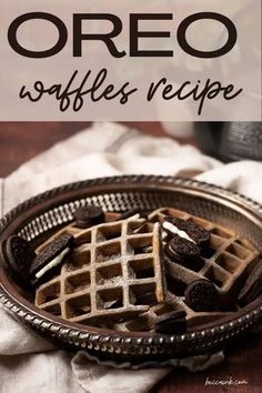 waffles with chocolate chips on top and the words oreo waffles recipe