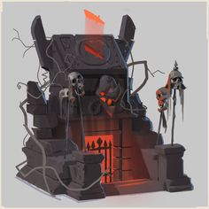 an animated image of a fireplace with skulls on the mantle and candles in front of it