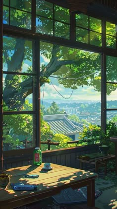 an anime scene with the sun shining through large windows and trees in the foreground