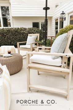 two chairs and an ottoman on a patio