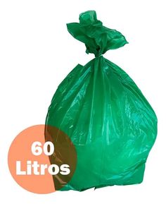 a green trash bag sitting on top of a white background with the words 60 litros