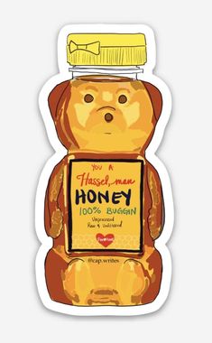 a sticker with a bear holding a honey jar