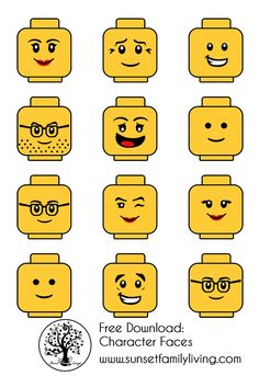 the lego character faces are drawn in different styles and sizes, including one with glasses