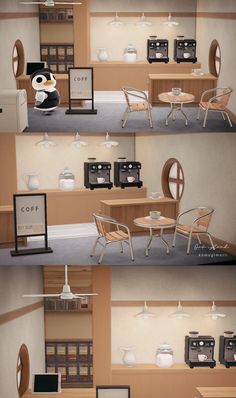 three pictures of different types of chairs and tables in a room with coffee machines on the wall