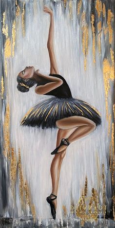 a painting of a ballerina in black and gold