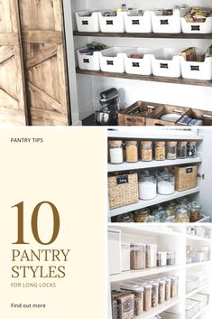 pantry shelves with baskets and bins in them, labeled pantry styles for long locks