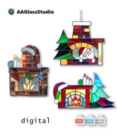 three stained glass christmas ornament designs, each with a fireplace and santa clause