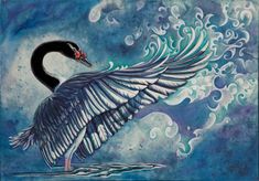 a painting of a black swan with white feathers