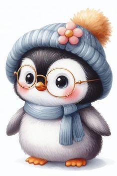 a penguin wearing glasses and a hat with a flower on it's head is shown