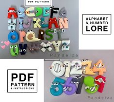 the alphabet and numbers are made out of felts with different designs on them, including letters