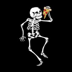 a skeleton eating a slice of pizza on a black background