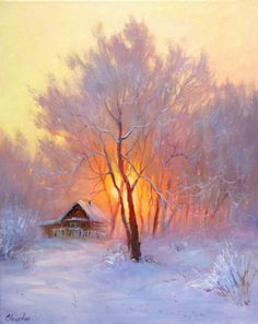 a painting of a snowy landscape with trees and a house in the distance at sunset