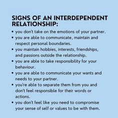 a blue poster with the words signs of an interrependentnt's relationship