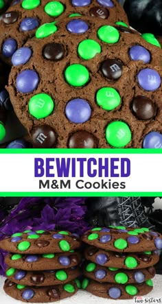 chocolate m & m cookies with green and purple candies