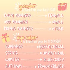 a pink and yellow poster with the words gender, number, age, and color