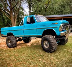 a blue truck parked on top of a grass covered field in front of a tree