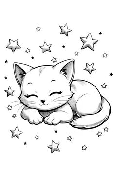 a black and white drawing of a sleeping cat with stars on the ground behind it