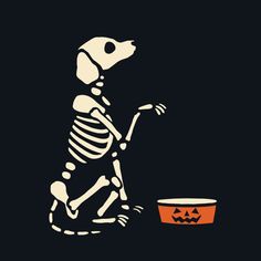 a skeleton dog sitting next to a bowl with a jack - o'- lantern on it