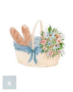 a watercolor painting of a basket with bread and flowers