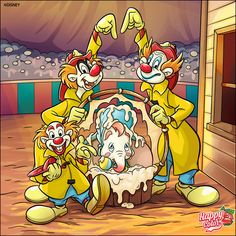 three clowns are washing their faces in a bucket with liquid on it and another clown is standing next to them