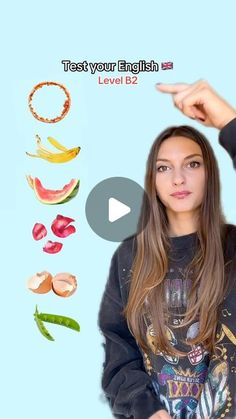 a woman is pointing to the side of her head with vegetables and fruit around her