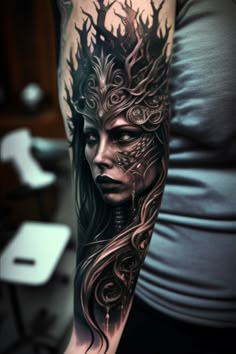 a woman's arm with an intricate tattoo design on the left side of her body