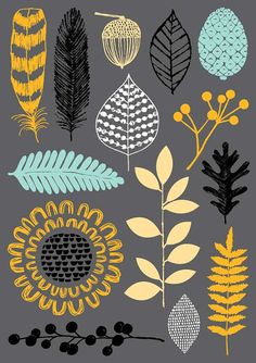 a bunch of different types of leaves on a gray background with black and yellow accents