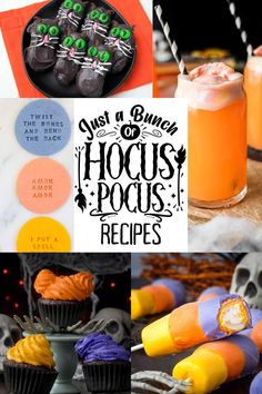 halloween treats and drinks are featured in this collage with the words, just a bunch hoc