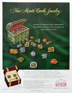 1950s Vintage Ad: 1953 Hickok Monte Carlo Jewelry Ad-  Retro Cuff Links and Tie Bars. 1950s Menswear/ 1950s Fashion #1950s #1950sfashion #1950sad #menswear #cufflinks Mens Cuff Links, Fashion Bedroom, 50s Vibes, Jewelry Ad, Closet Decor, Retro Ads