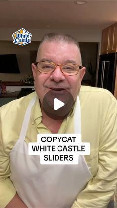 a man wearing an apron and glasses making a funny face with the caption copycat white castle sliders