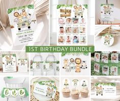 the first birthday bundle includes photos, cards and decorations