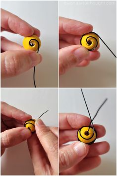 four pictures showing how to make an ornament with yarn and buttons on it