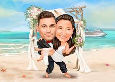 a caricature of a bride and groom on the beach