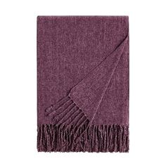 a purple blanket with fringes on the bottom and one end folded in two different colors