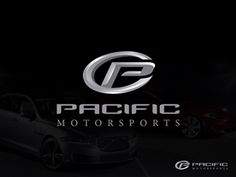 the logo for pacific motorsportssports is shown in black and white, with two cars behind it