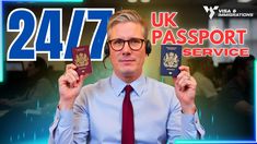 a man holding up two passport cards in front of him and the caption says 2477 uk passport service