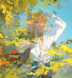 an anime character standing in front of some trees and yellow flowers with her hair blowing in the wind