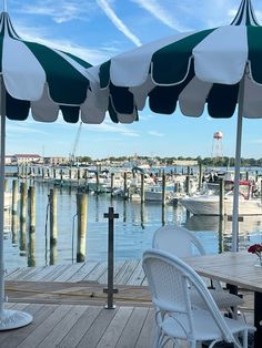 an outdoor dining area with tables and umbrellas over looking the water in a marina