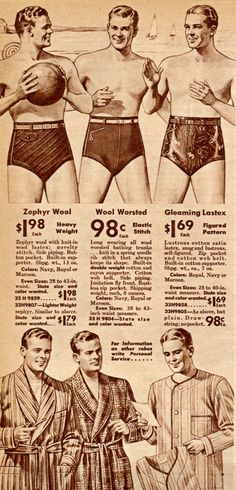 Men's bathing trunks and pyjamas, 1941 Trad Fashion, 1930s Party, Male Swimwear, 70s Boys, 1940s Clothing, Photos Of Men, Vintage Catalog, Outfits Gorditas, Men Swimwear