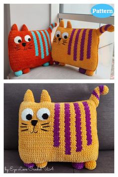 two crocheted pillows made to look like cats, one is yellow and the other is orange