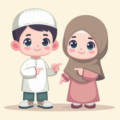 two children dressed in muslim garb standing next to each other and pointing at something