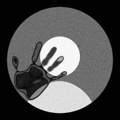 a black and white drawing of two hands reaching for the light on a circular object