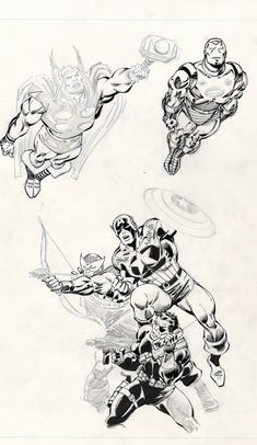 some sketches from the avengers movie, including captain america and iron man in black and white