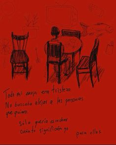 a drawing of three chairs and a table in front of a red wall with writing on it